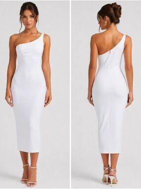 Nookie Penelope One-Shoulder White Midi Dress NWT Sz M